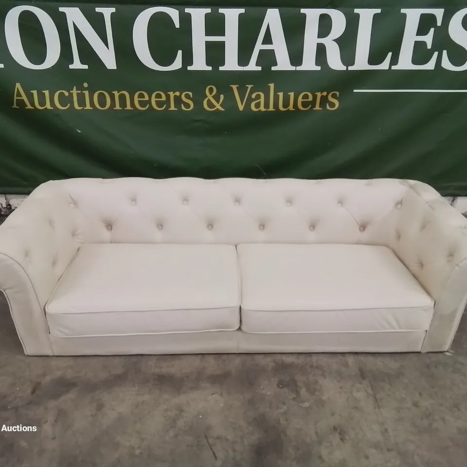 DESIGNER OAKHAM IVORY LEATHER 3 SEATER BUTTON BACK CHESTERFIELD STYLE SOFA