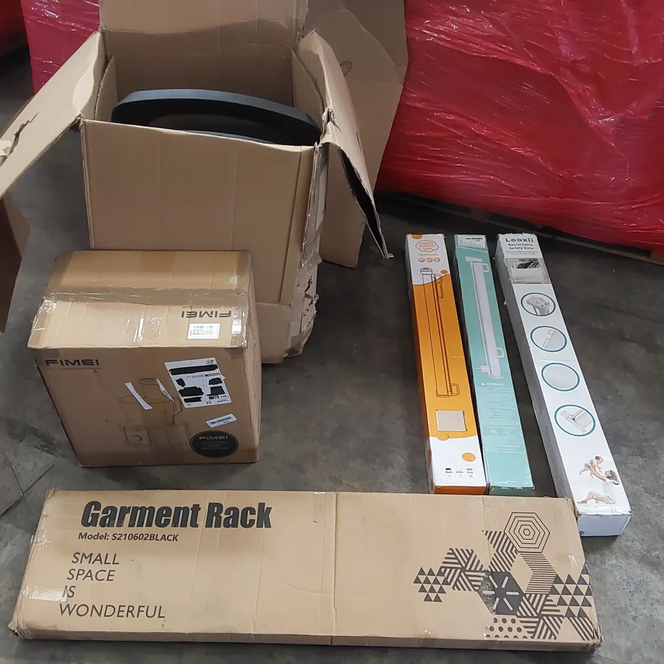 PALLET OF ASSORTED CONSUMER PRODUCTS TO INCLUDE: FULL SIZE FOOD PROCESSOR, GARMENT RACK, OFFICE CHAIR, RETRACTABLE SAFETY GATES ECT