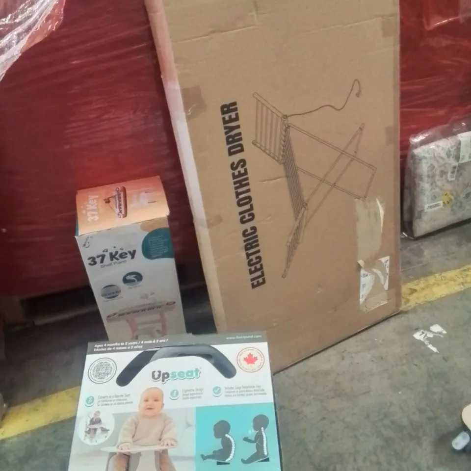 PALLET OF ASSORTED HOUSEHOLD GOODS AND PRODUCTS TO INCLUDE;HEATED CLOTHES AIRER,BABYS UPSEAT CHAIR,SHELF PIANO 