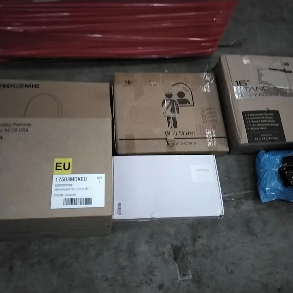 PALLET OF ASSORTED ITEMS STORMIC TOILET SEAT, M DESIGN WIRE BASKET, STAND FAN, GETFIT PREMIUM KING AIR BED, BILL AND TED BOGUS JOURNEY POSTER, WEEKLY HAPPY WALL ART DECORATION