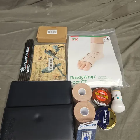 TOTE OF APPROXIMATELY 10 ASSORTED HOUSEHOLD ITEM TO INCLUDE PINS, SHOE PROTECTION AND READY WRAP FOOT CT 