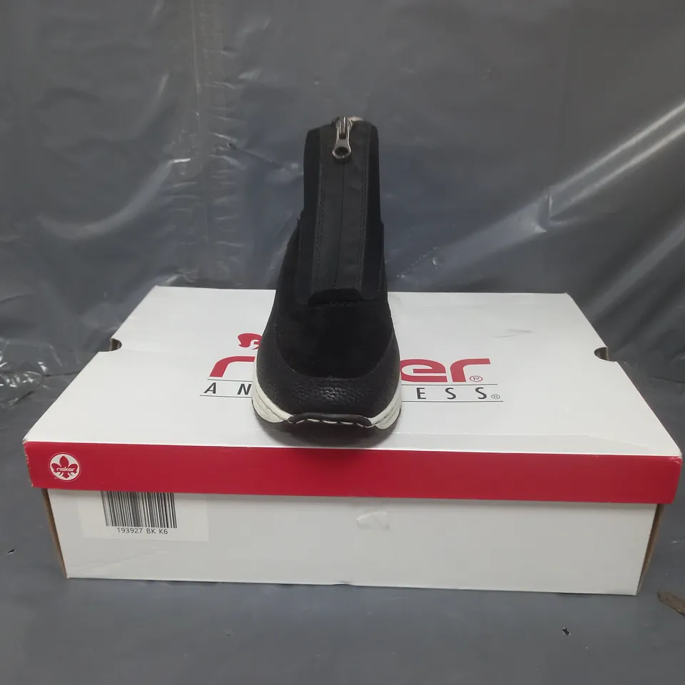 BOXED PAIR OF RIEKER HI-TOP TRAINERS IN BLACK EU SIZE 39