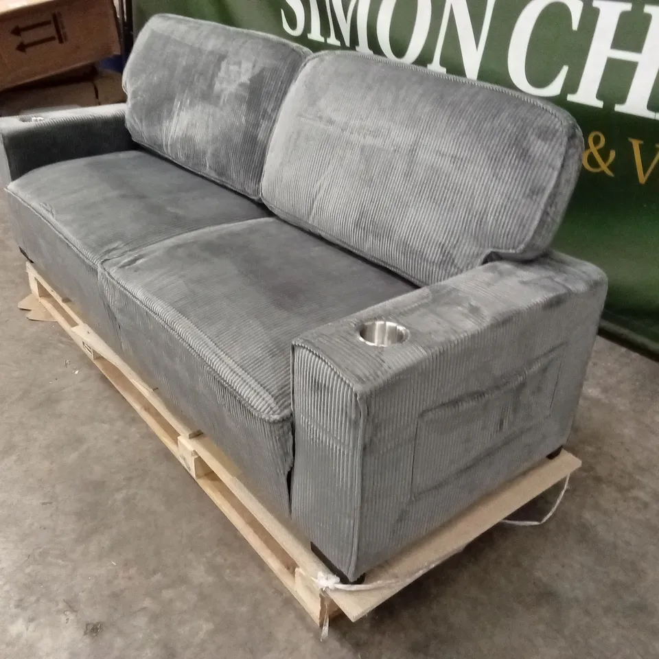 MODERN 220cm 3-SEATER CORDUROY SOFA WITH ULTRA-WIDE SQUARE ARMRESTS, CUP HOLDERS AND STORAGE POCKETS - GREY