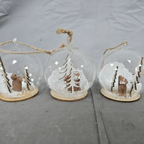 SET OF 3 GLASS SNOW AND FOX BAUBLES