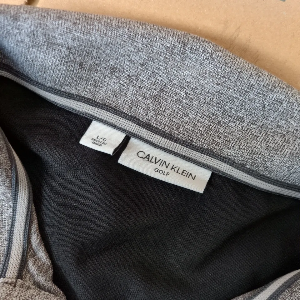 CALVIN KLEIN GOLF POLO SHIRT – BLACK WITH GREY PANEL AND WHITE CHEST STRIPE - UK L
