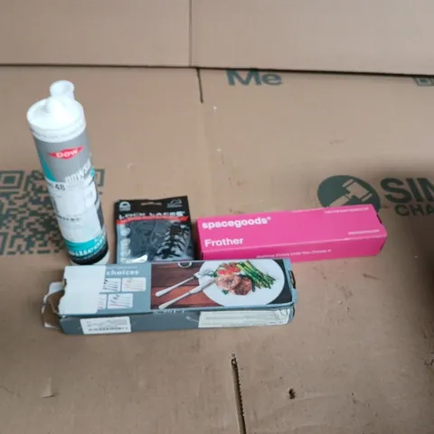 APPROXIMATELY 15 ASSORTED HOUSEHOLD PRODUCTS TO INCLUDE STAINLESS STEEL TABLEWARE SPACEGOODS FROTHER LOCK LACES AND ACETOXY SILICONE