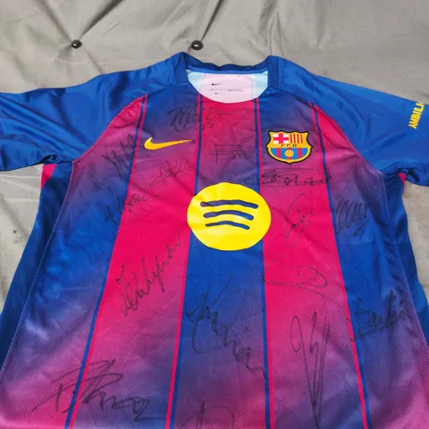 FC BARCELONA NIKE SIGNED FOOTBALL JERSEY WITH UNHCR LOGO L