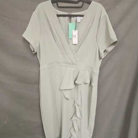 W COLLECTION BY WALLIS TAILORED CREPE RUFFLE PENCIL DRESS IN SAGE - SIZE 18