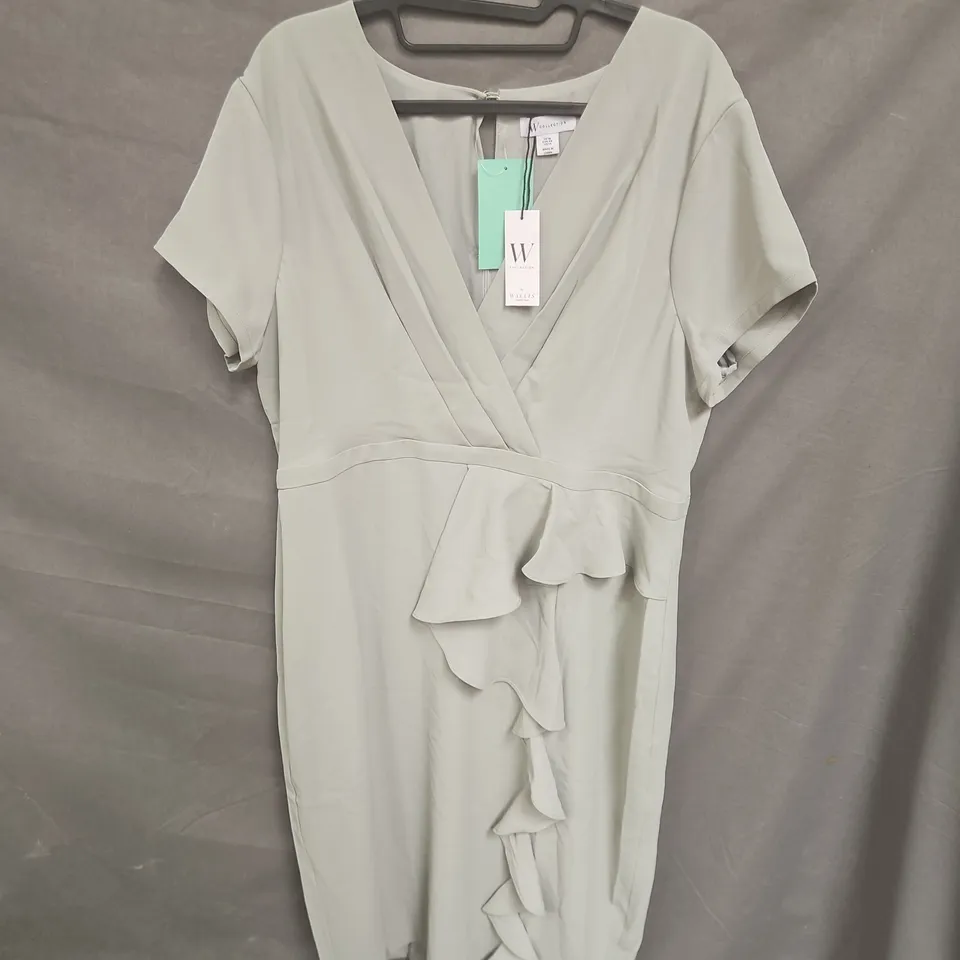 W COLLECTION BY WALLIS TAILORED CREPE RUFFLE PENCIL DRESS IN SAGE - SIZE 18