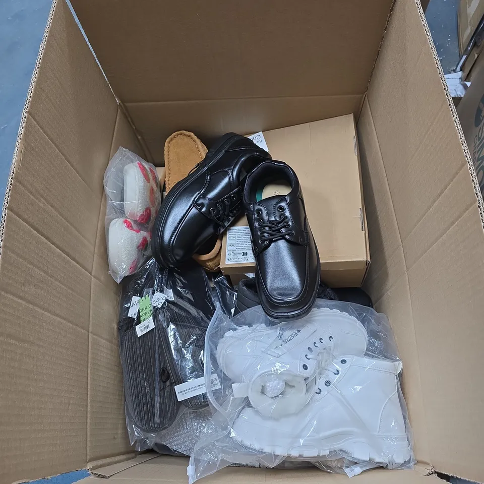 BOX OF APPROXIMATELY 15 ASSORTED FOOTWEAR ITEMS TO INCLUDE BLACK SHOES, WHITE ANKLE BOOTS, SANDALS ETC