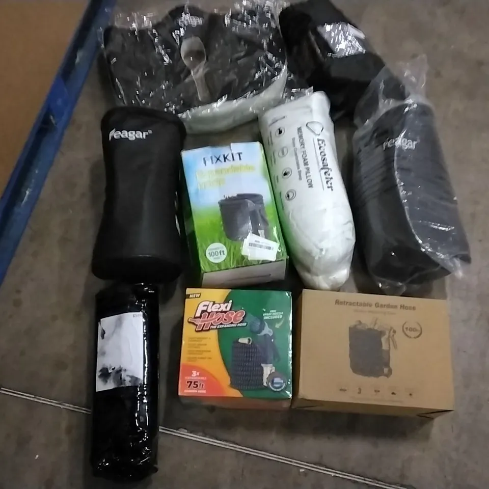 PALLET OF ASSORTED ITEMS INCLUDING FIXKIT EXPANDABLE HOSE, FLEXI HOSE, RETRACTABLE GARDEN HOSE 100FT, FEAGAR DONUT CUSHION, ECOSAFETER MEMORY FOAM PILLOW 