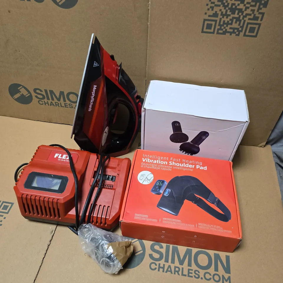 APPROXIMATELY 20 ASSORTED ELECTRICAL ITEMS TO INCLUDE MORPHY RICHARDS IRON, VIBRATION SHOULDER PAD, FLEX BATTERY CHARGER, ETC - COLLECTION ONLY