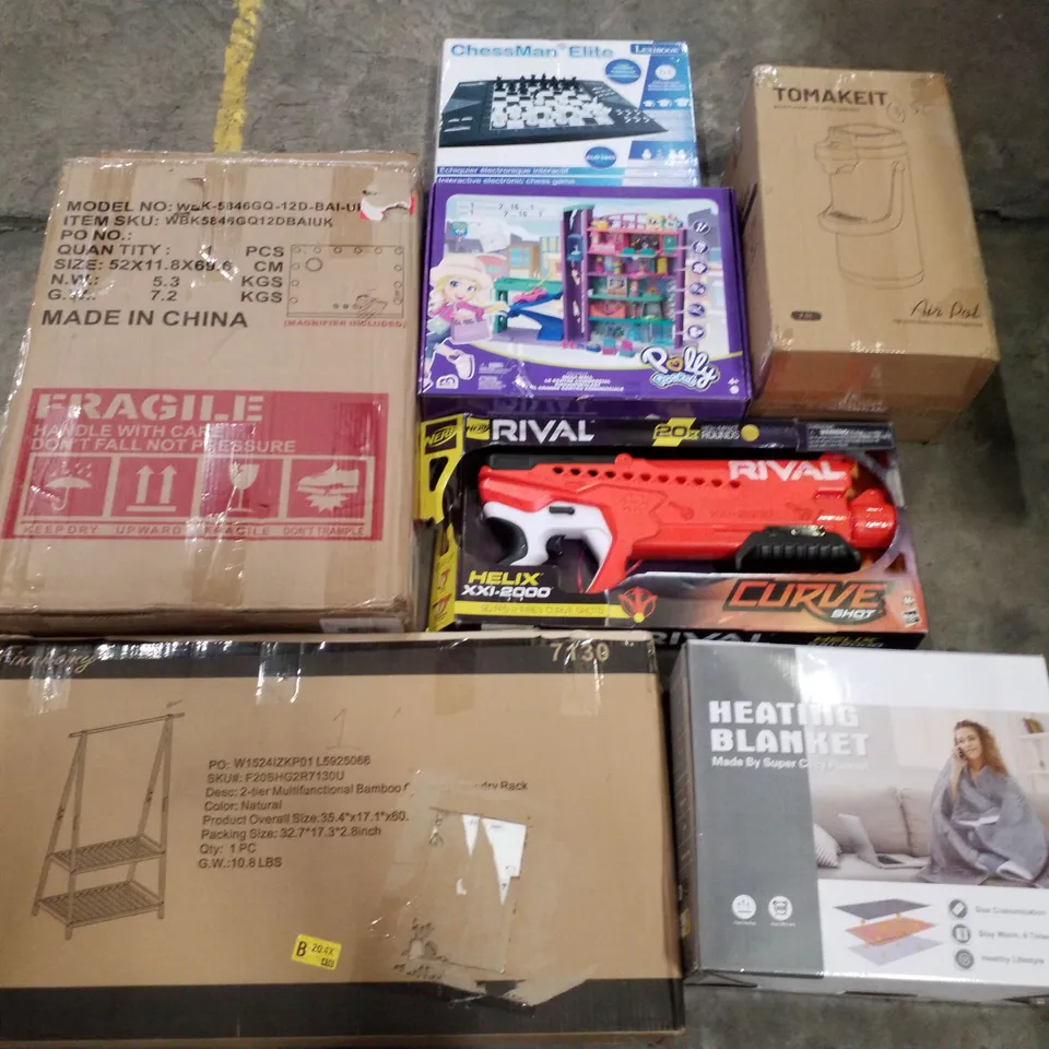 PALLET CONTAINING ASSORTED PRODUCTS INCLUDING HEATING BLANKET, NERF RIVAL CURVE SHOT, BAMBOO LAUNDRY RACK, HOLLYWOOD MIRROR,  POLLYPOCKET MEGA MALL & ELECTRONIC CHESS SET