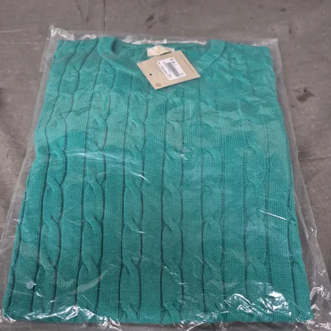 HOUSE OF BRUAR COTTON BABY CABLE CREW KNIT – JADE, KID'S M