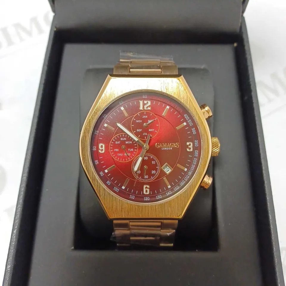 GAMAGES ENTERPRISE ROSE TRIPLE DATE DIAL TACHYMETER BRACELET STRAP WRISTWATCH