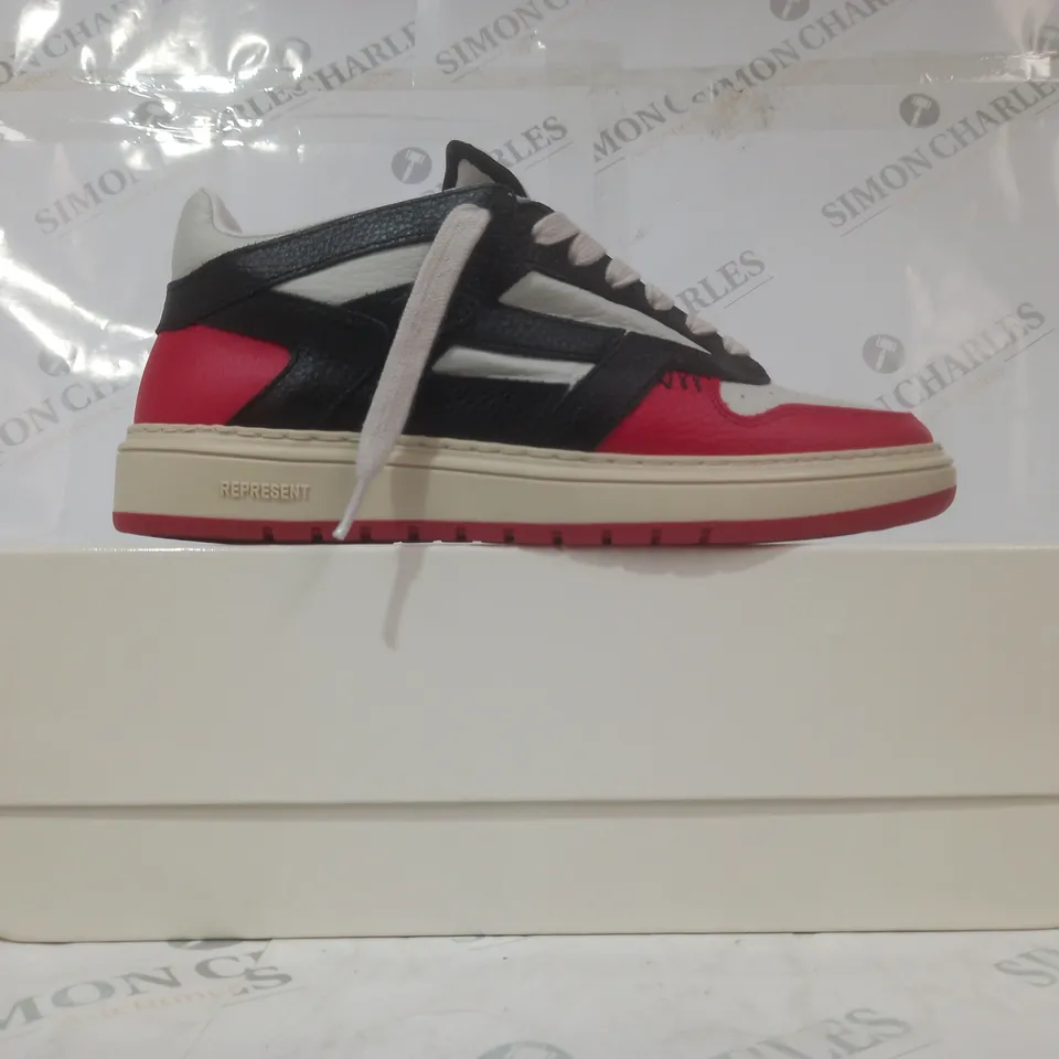 BOXED PAIR OF REPRESENT LEATHER SHOES IN BLACK/WHITE/RED UK SIZE 9