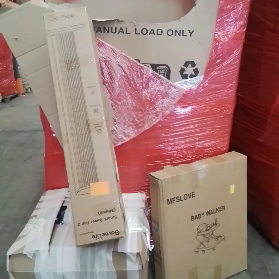 PALLET OF ASSORTED HOUSEHOLD GOODS AND PRODUCTS TO INCLUDE;CAT LITTER BOX,AIR COOLER,BABY WALKER