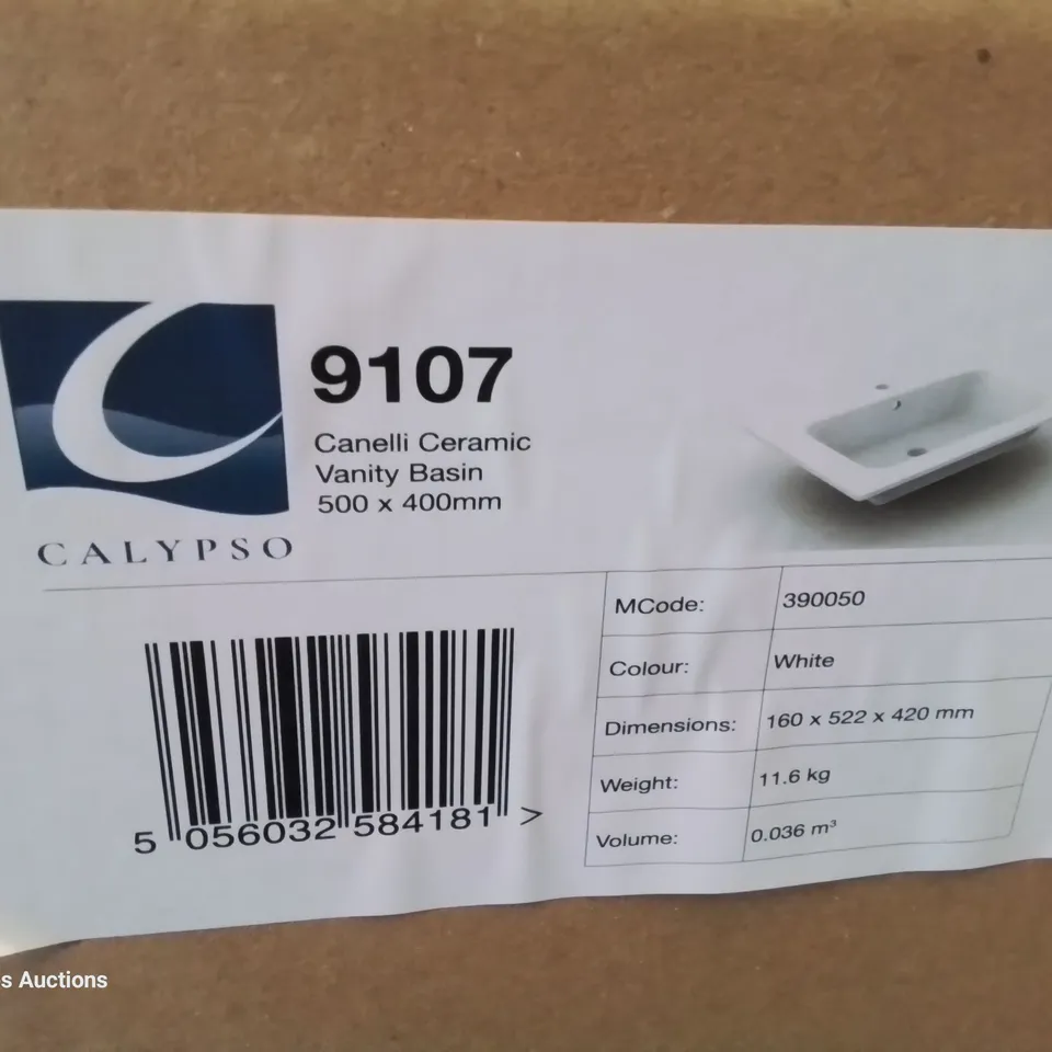 BOXED CANELLI CERAMIC SINGLE TAP VANITY BASIN WHITE 500 × 400mm