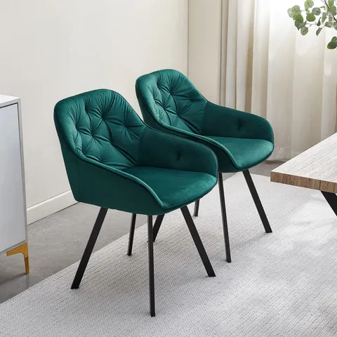 BOXED GARVIES SET OF TWO GREEN VELVET SWIVEL DINING CHAIRS