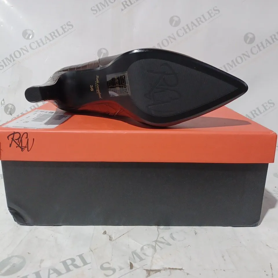 BOXED PAIR OF RUTH LANGSFORD PLATFORM LEATHER ANKLE BOOTS, CHOCOLATE - SIZE 3