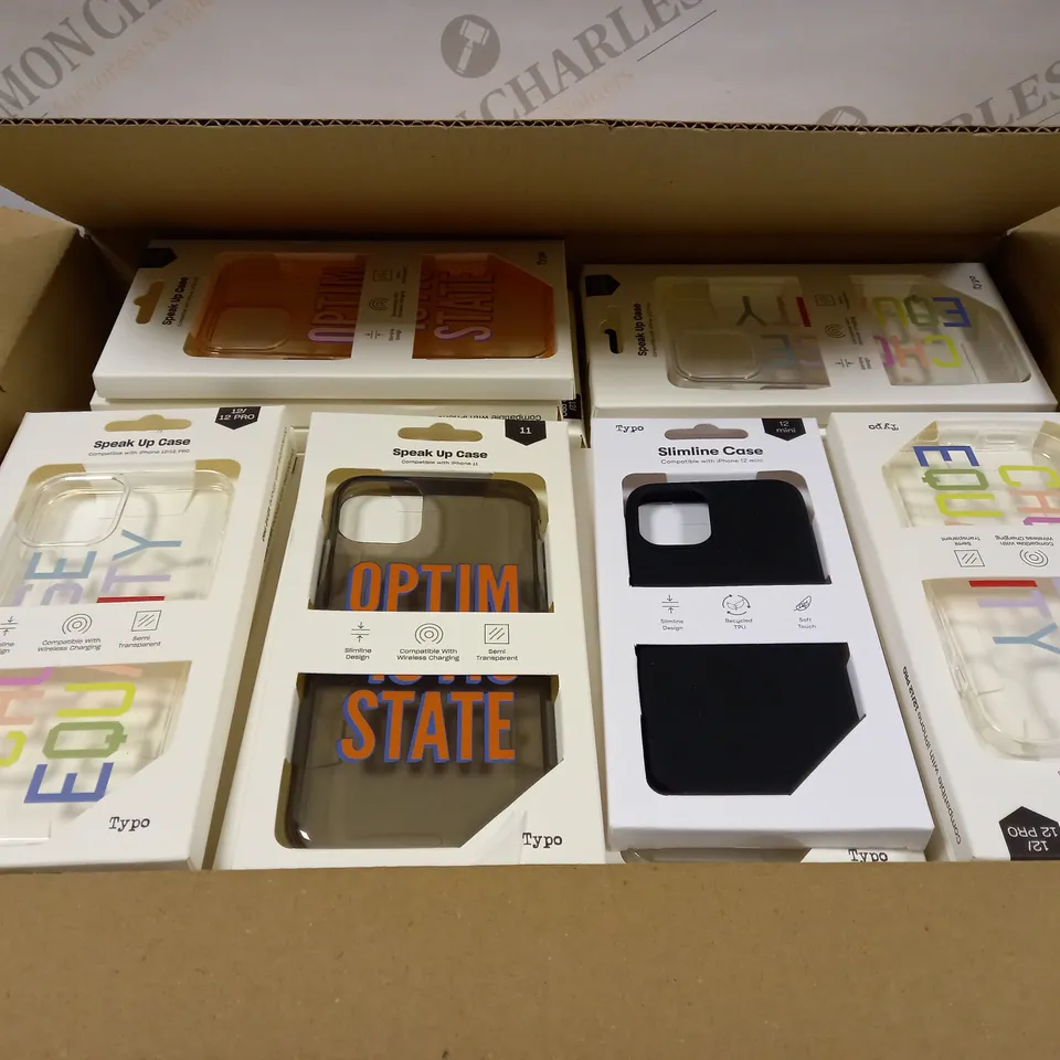 BOX OF APPROXIMATELY 50 TYPO PHONES CASES ('SLIMLINE CASE' & 'SPEAK UP CASE') FOR IPHONE 11, 12 MINI, 12/12PRO IN VARYING COLOURS