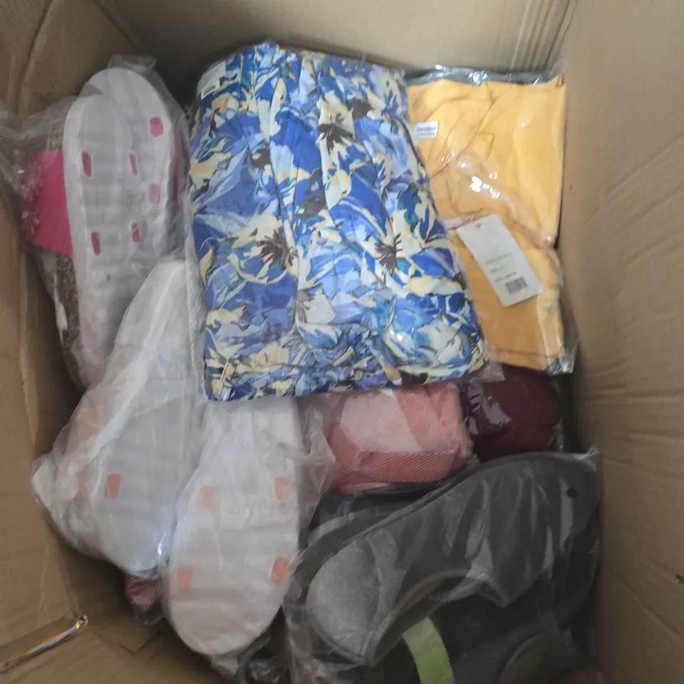 LARGE BOX OF APPROX 20 ASSORTED CLOTHING AND ASSORTED SHOES