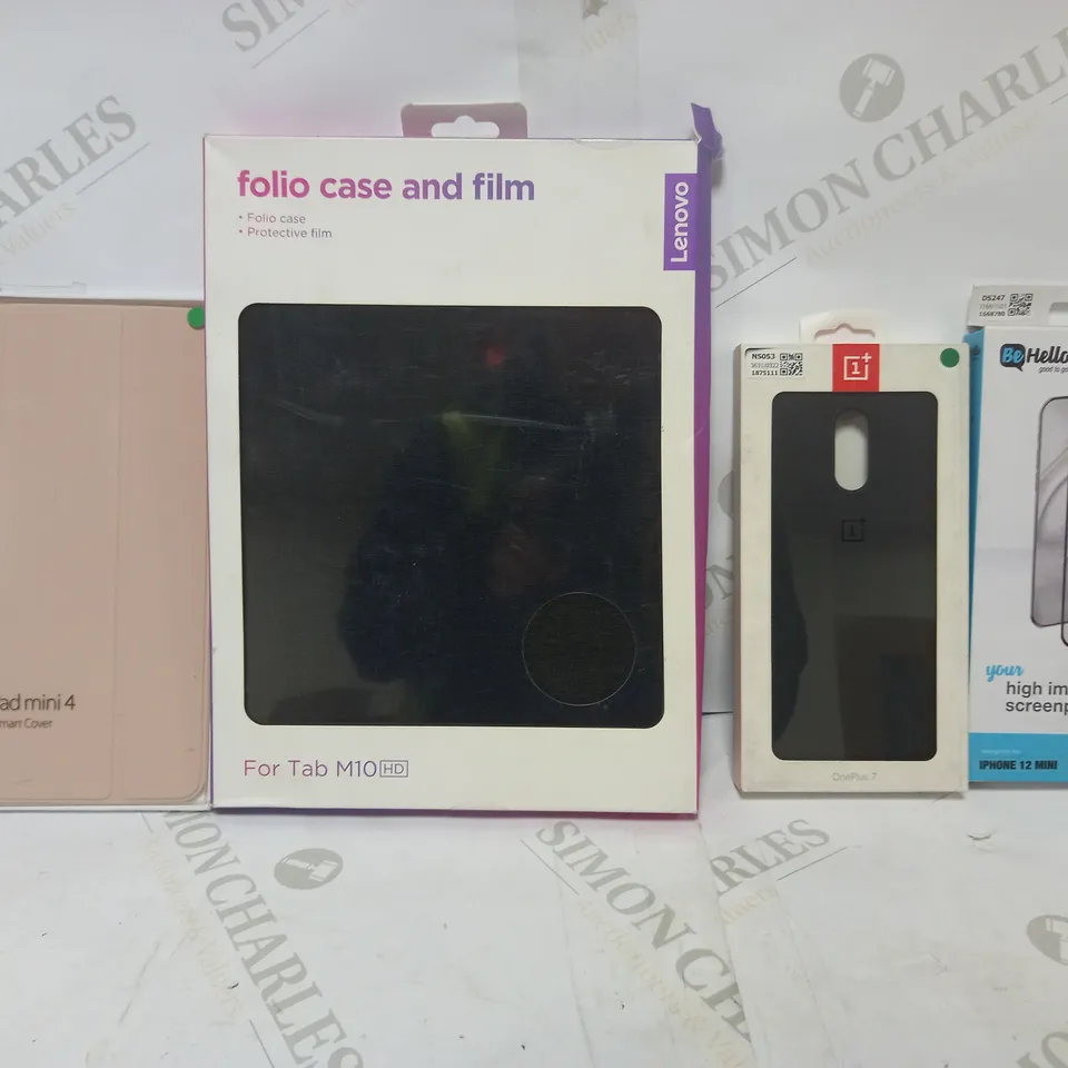 LOT OF 4 PHONE AND TABLET CASES TO INCLUDE IPAD MINI 4 SMART COVER, FOLIO CASE AND FILM FOR TAB M10, BEHELLO HIGH IMPACT GLASS SCREENPROTECTOR FOR IPHONE 12 MINI, ONEPLUS 7 SABDSTONE PROTECTIVE CASE