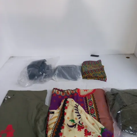BOX OF APPROXIMATELY 20 ASSORTED CLOTHING ITEMS IN VARIOUS COLOURS, SIZES AND STYLES