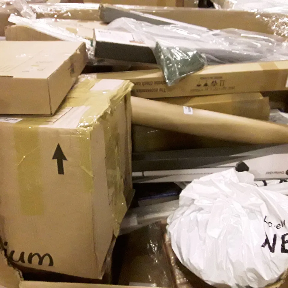 PALLET OF ASSORTED PRODUCTS INCLUDING DOOR BRACE, LED FLUORESCENT LIGHT, FOLDING CAMPING STOOL, WINDOW BLINDS, SPIRIT LEVELS, OFFICE STOOL