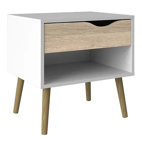 BOXED OSLO BEDSIDE 1 DRAWER IN WHITE AND OAK