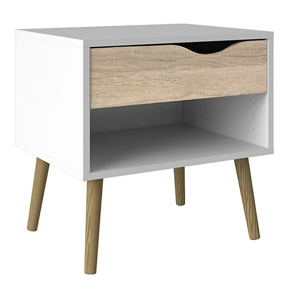 BOXED OSLO BEDSIDE 1 DRAWER IN WHITE AND OAK