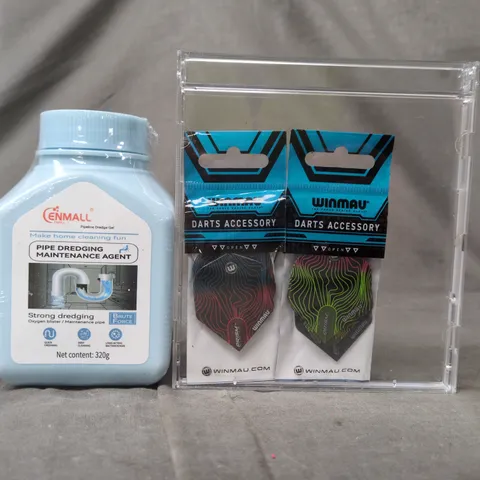 APPROXIMATELY 5 ASSORTED HOUSEHOLD ITEMS TO INCLUDE PIPE DREDGING MAINTENANCE AGENT, DART FLIGHT ACCESSORIES, ETC