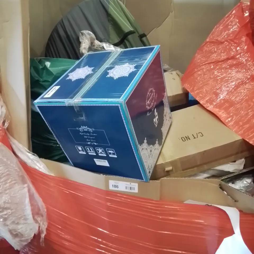 PALLET OF ASSORTED ITEMS TO INCLUDE, STAINLESS STEEL WOK SET, FRAMELESS PRINY, POP UP SHELTER, PORCELAIN TEA SET.