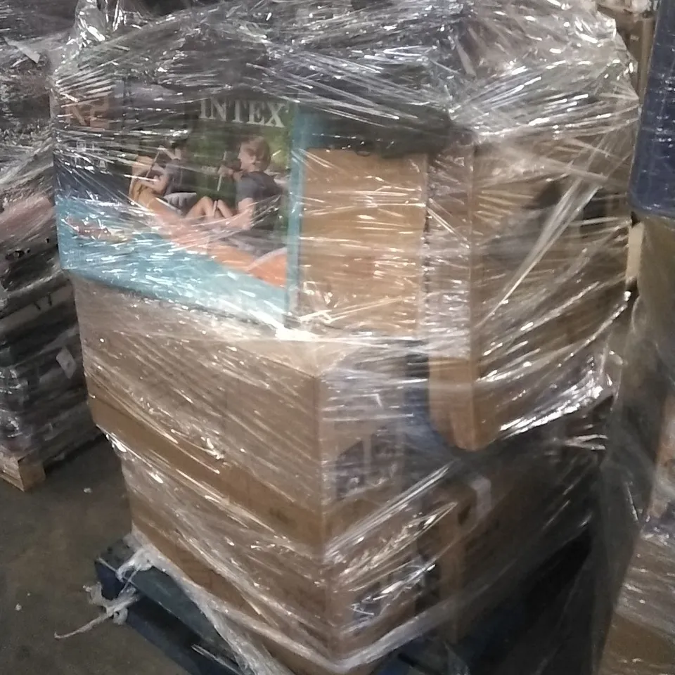 PALLET OF ASSORTED HOUSEHOLD GOODS AND PRODUCTS TO INCLUDE; SIERRA K2, PARASOL BASE, DOG CAGE, FAN, COOLER ETC