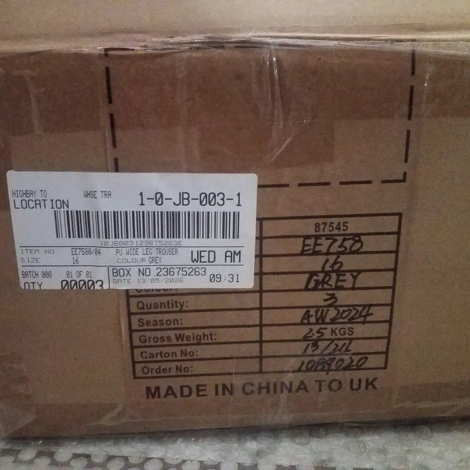 BOX CONTAINING APPROXIMATELY 3 BRAND NEW JD WILLIAMS GREY PU WIDE LEG TROUSERS - SIZE 16