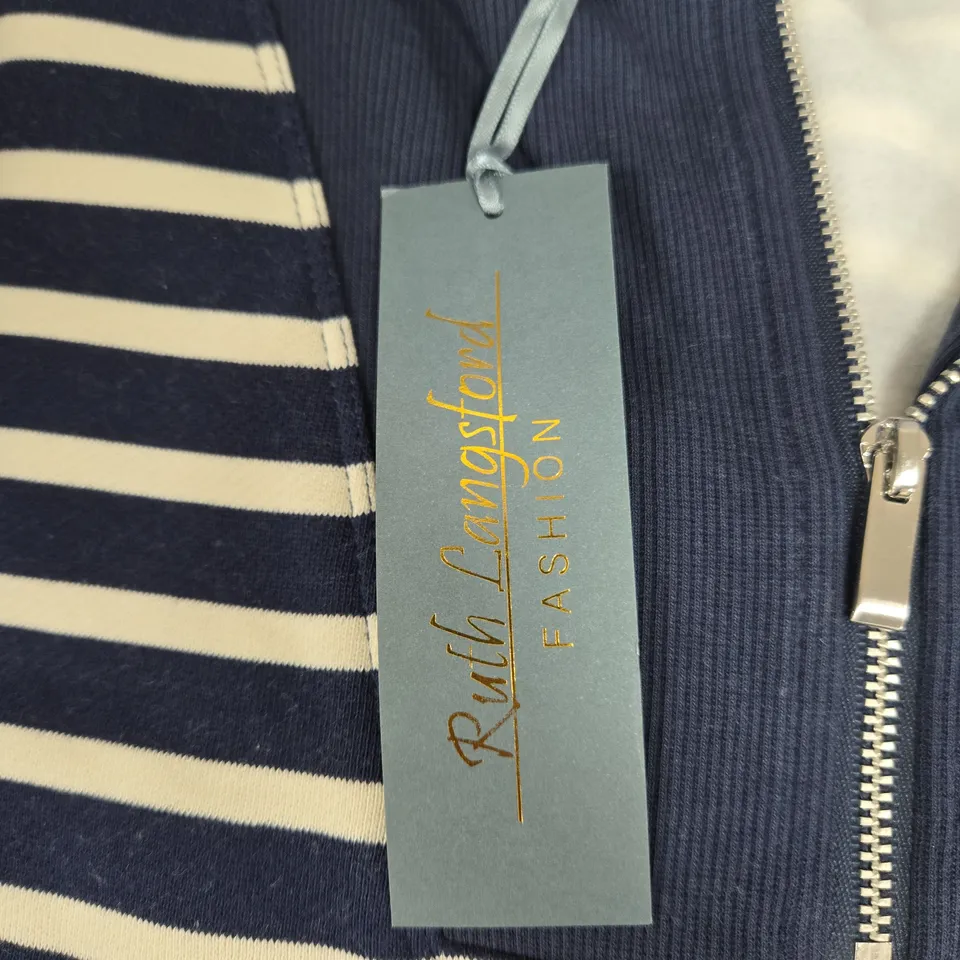RUTH LANGFORD NAVY & WHITE STRIPED ZIP-FRONT KNIT TOP – XS
