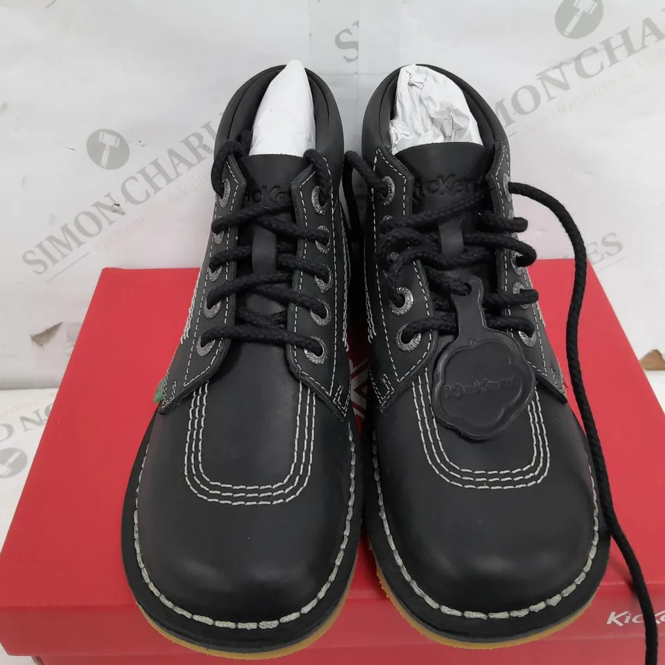 BOXED PAIR OF KICKERS LEATHER BOOTS IN BLACK - SIZE 38