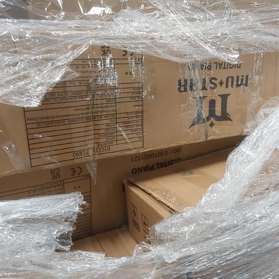 PALLET CONTAINING A LARGE QUANTITY OF ASSORTED CONSUMER PRODUCTS INCLUDING: MUSTAR DIGITAL PIANOS, ARTIFICIAL TREE, STORAGE CABINETS, SOFA PARTS ECT