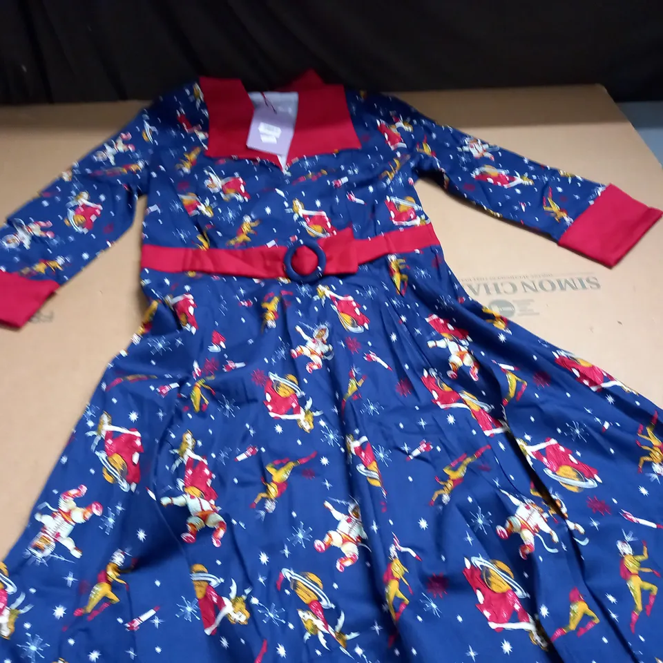 BANNED RETRO CAT IN SPACE THEMED DRESS WITH RED TRIM - S