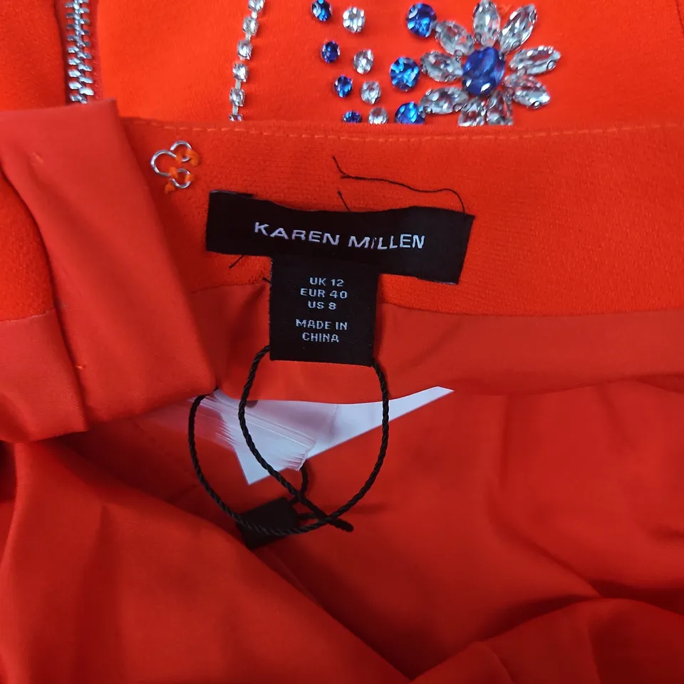 KAREN MILLEN ORANGE BEADED EMBELLISHED DRESS, UK 12 (EU 40)