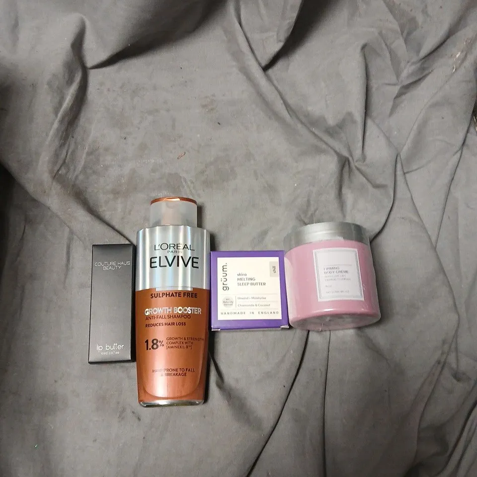 APPROXIMATELY 30 ITEMS INCLUDING HEALTH & BEAUTY ASSORTMENT: L’ORÉAL PARIS ELVIVE SULPHATE-FREE GROWTH BOOSTER SHAMPOO + GRUUM MELTING SLEEP BUTTER & ASSORTED SKINCARE ITEMS.