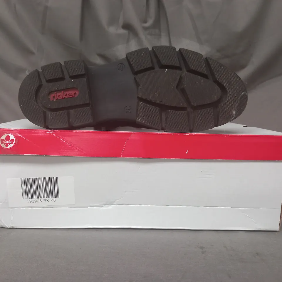 BOXED PAIR OF RIEKER CHUNKY ANKLE BOOTS IN BLACK SIZE 6