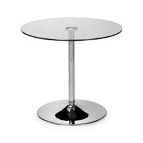 BOXED JULIAN BOWEN KUDOS CHROME AND GLASS PEDESTAL TABLE (1 BOX)