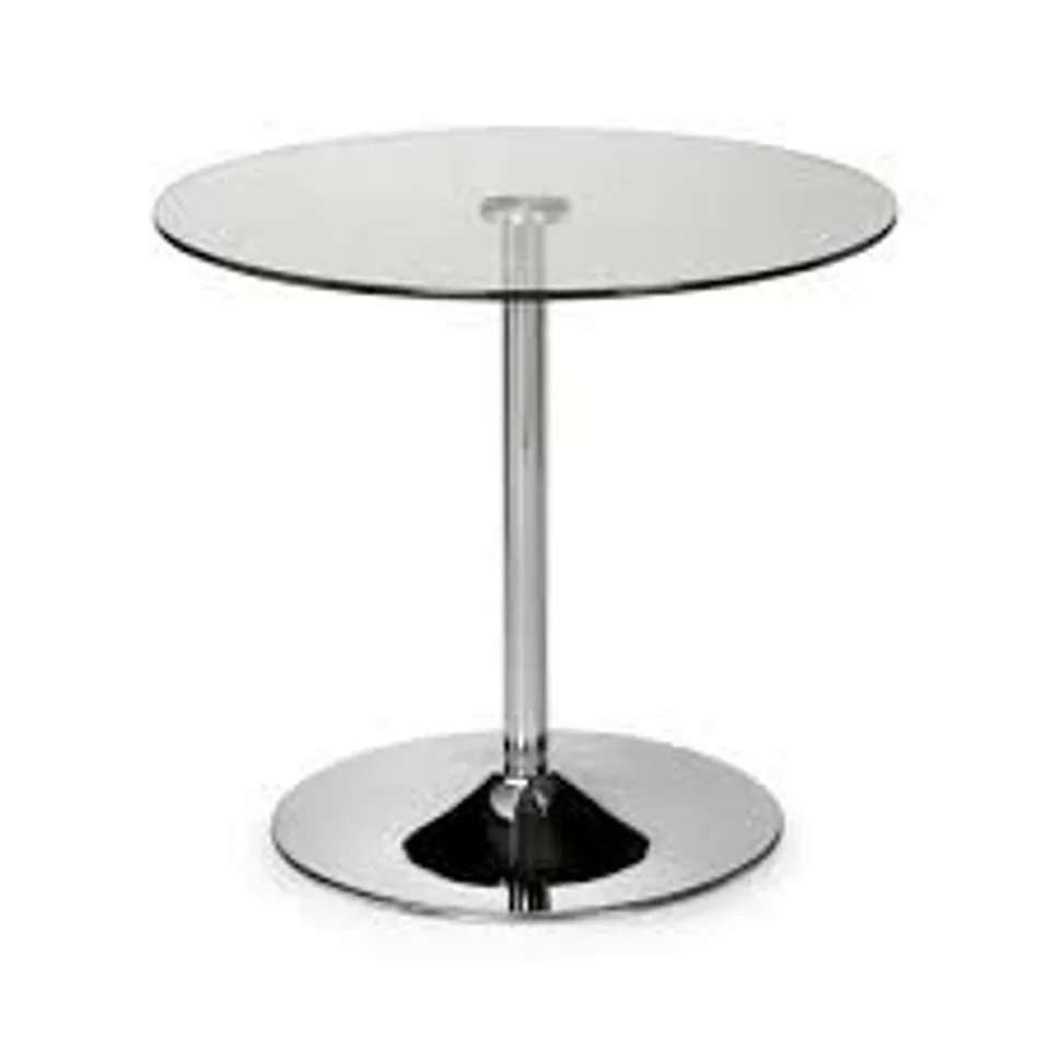 BOXED JULIAN BOWEN KUDOS CHROME AND GLASS PEDESTAL TABLE (1 BOX)