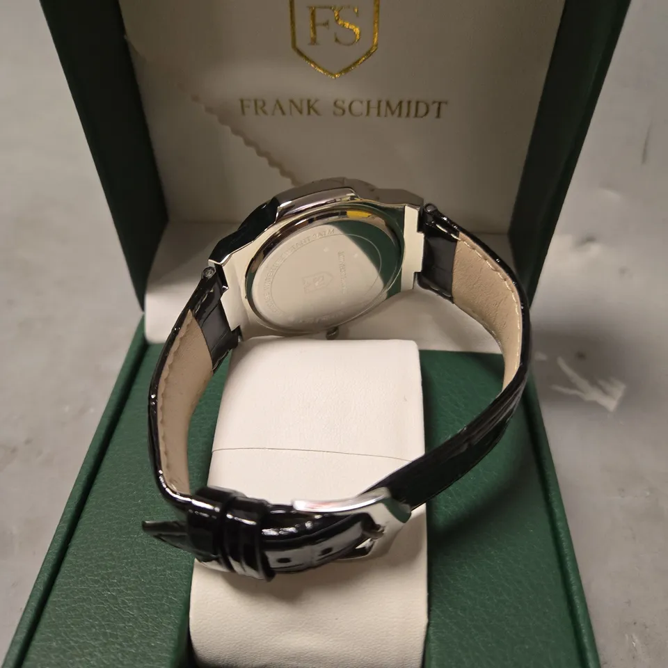 BOXED FRANK SCHMIDT AMBASSADOR SILVER DIAL BLACK LEATHER STRAP WATCH