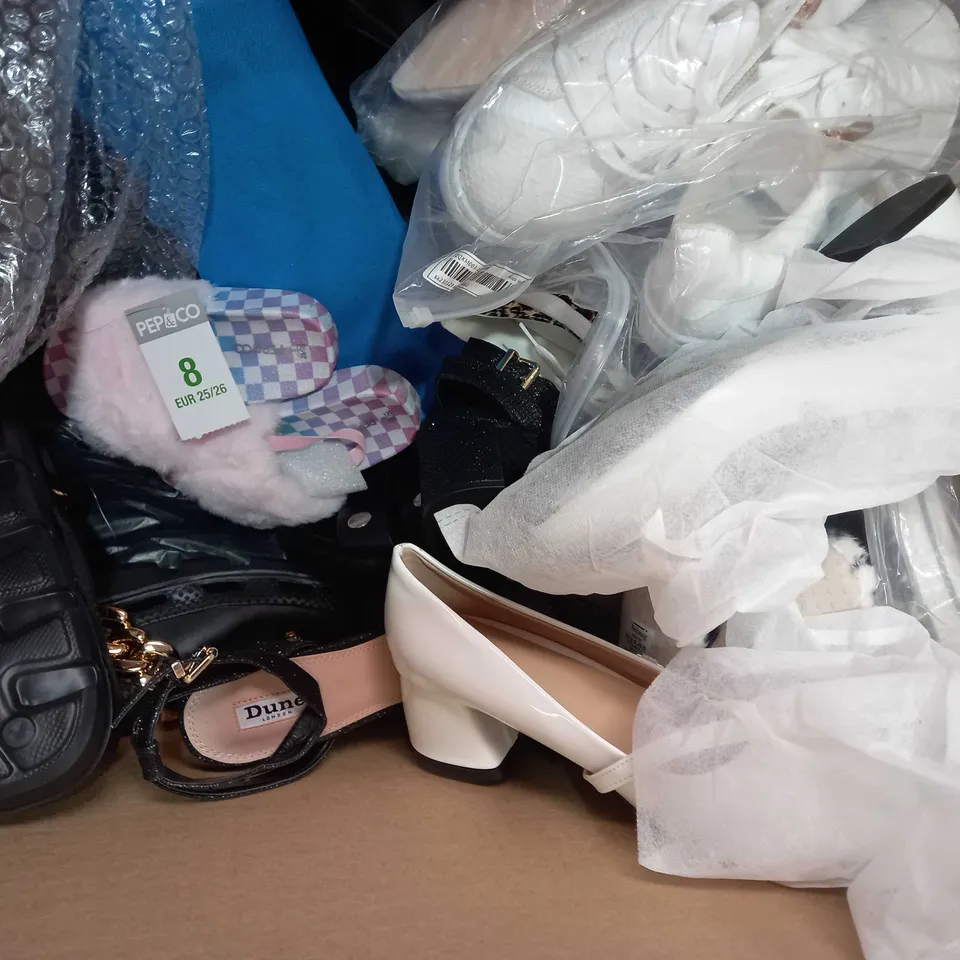 BOX OF APPROXIMATELY 15 ASSORTED PAIRS OF SHOES AND FOOTWEAR ITEMS IN VARIOUS STYLES AND SIZES TO INCLUDE M&S, JOHN LEWIS, PAVERS, ETC