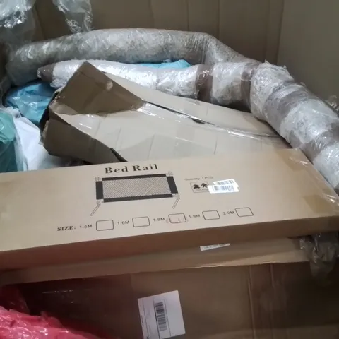 PALLET CONTAINING VARIOUS ASSORTED BOXED HOUSEHOLD ITEMS TO INCLUDE: CAMPING CHAIRS, AREA RUGS, BED RAILS AND LOTS MORE UNMARKED BOXED ITEMS 
