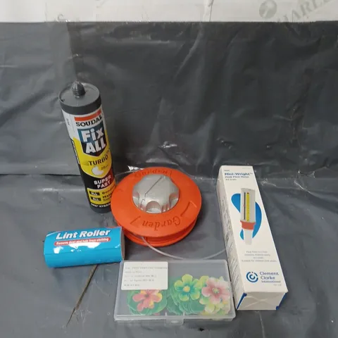 BOX OF APPROXIMATELY 20 ASSORTED HOUSEHOLD ITEMS TO INCLUDE POLY FILLER, WASHING LINE AND EDIBLE CAKE DECORATIONS