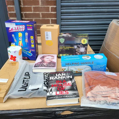 PALLET OF 6 LARGE BOXES OF A SIGNIFICANT QUANTITY OF ASSORTED ITEMS TO INCLUDE FLYING ROCKET, ROSE IN GLASS DECORATION, ULTRA VIBES JAPANESE INSPIRED SOLAR GARDENS LED LIGHTS, POTATO MASHED, ETC