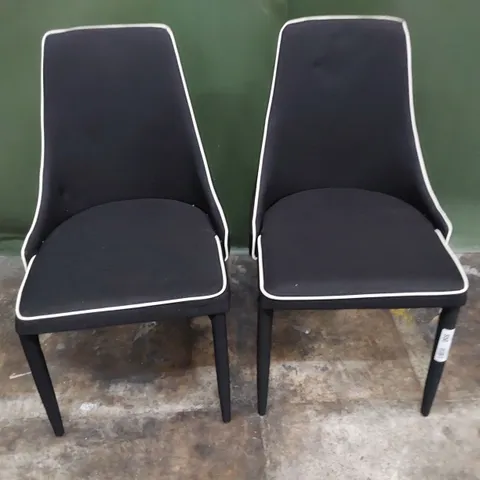 PAIR UPHOLSTERED DINING CHAIRS BLACK FABRIC WITH WHITE PIPING